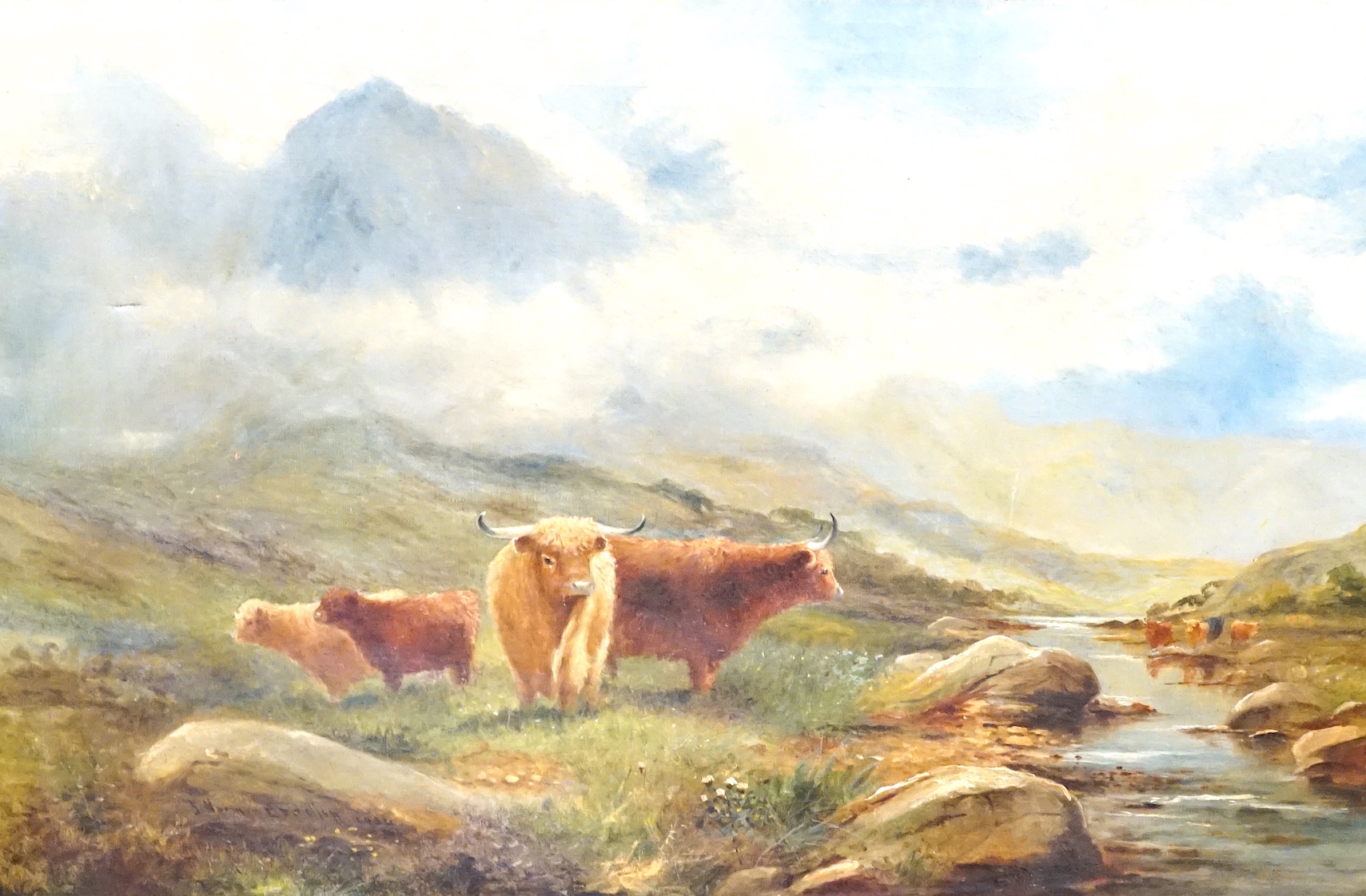 J. Norman Bradley (fl.1880-1910), oil on canvas, Highland cattle in a landscape, signed and dated 1904, 50 x 76cm